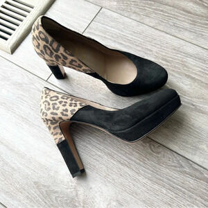 Leopard Black Suede Leather Block Heel Pumps Made in Italy